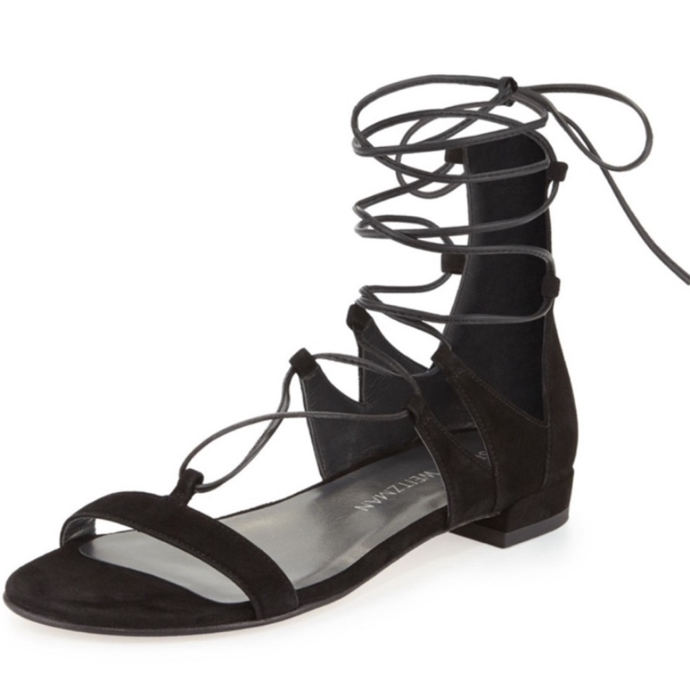 Stuart Weitzman Tie Up Black Suede  Flat Sandals